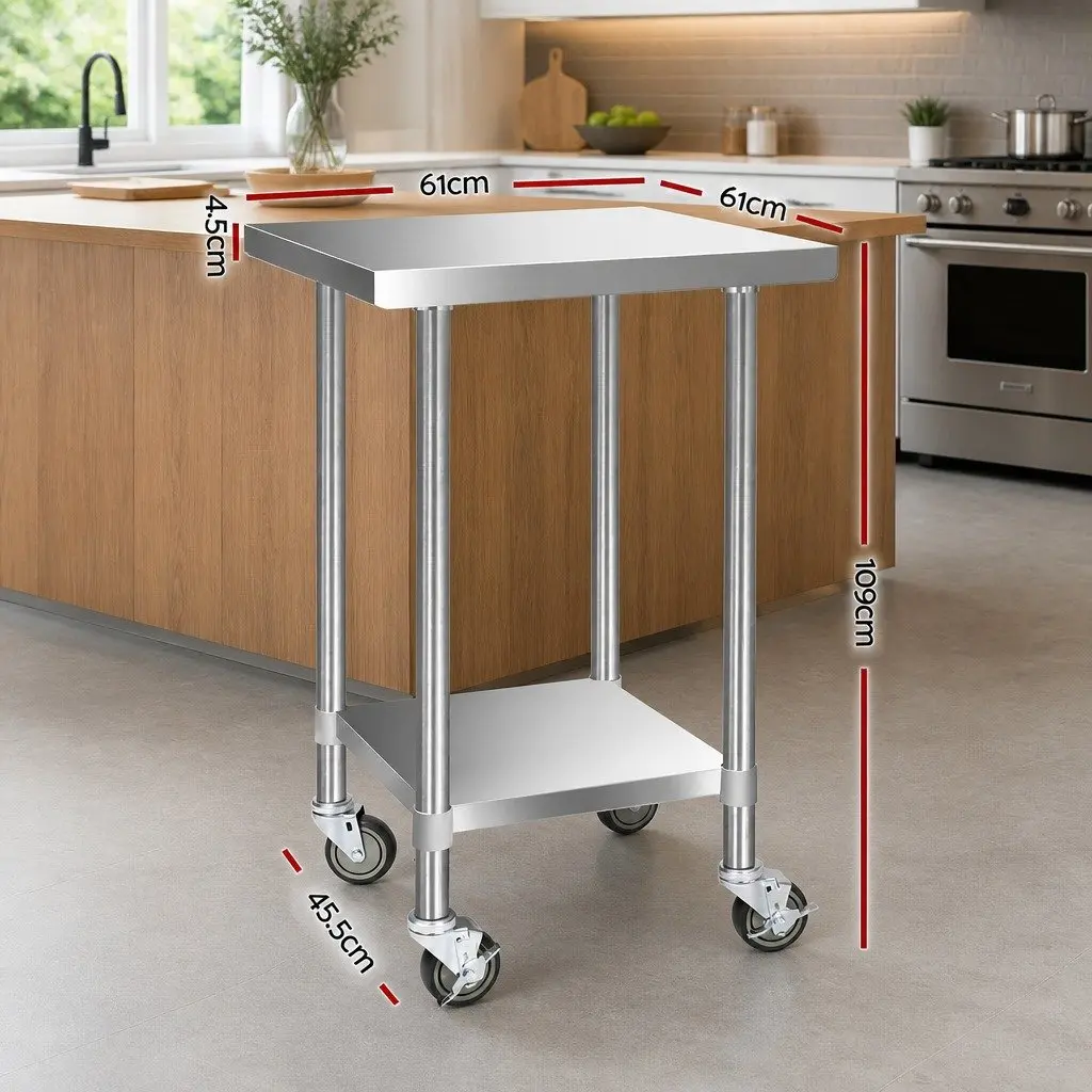 Stainless Steel Workbench Mobile Trolley 610x610mm with Lockable Castor Wheels and Adjustable Under-shelf for Kitchen and Commercial Use
