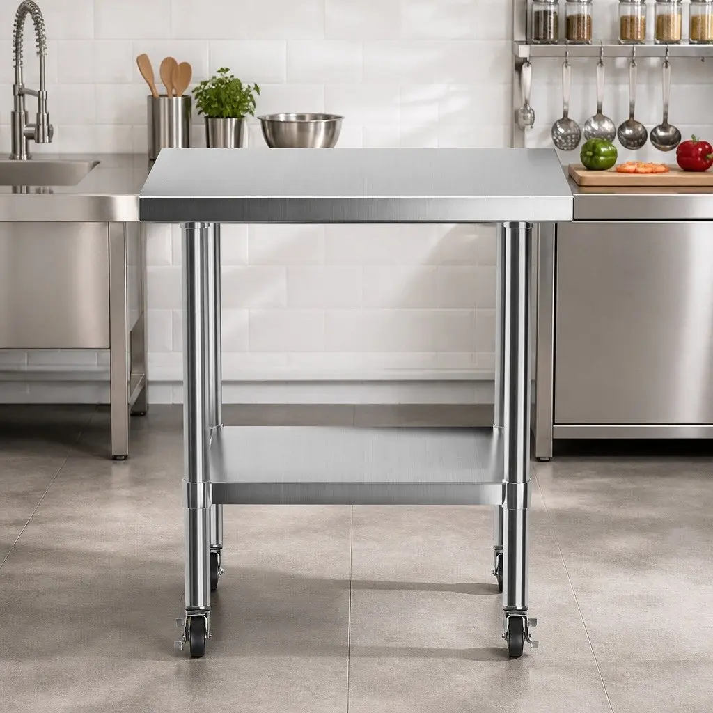 Stainless Steel Kitchen Work Bench Heavy Duty Adjustable Undershelf 760x610mm Silver or Black
