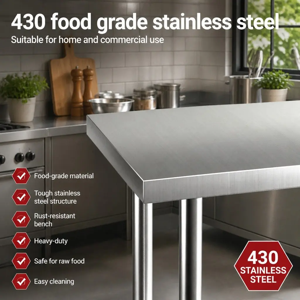 Stainless Steel Kitchen Work Bench Heavy Duty Adjustable Undershelf 760x610mm Silver or Black