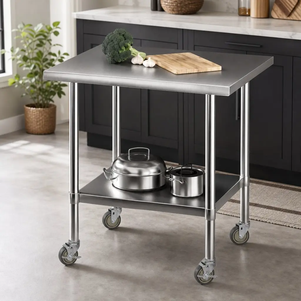 Stainless Steel Kitchen Work Bench Prep Table 914x762mm Castor Wheels