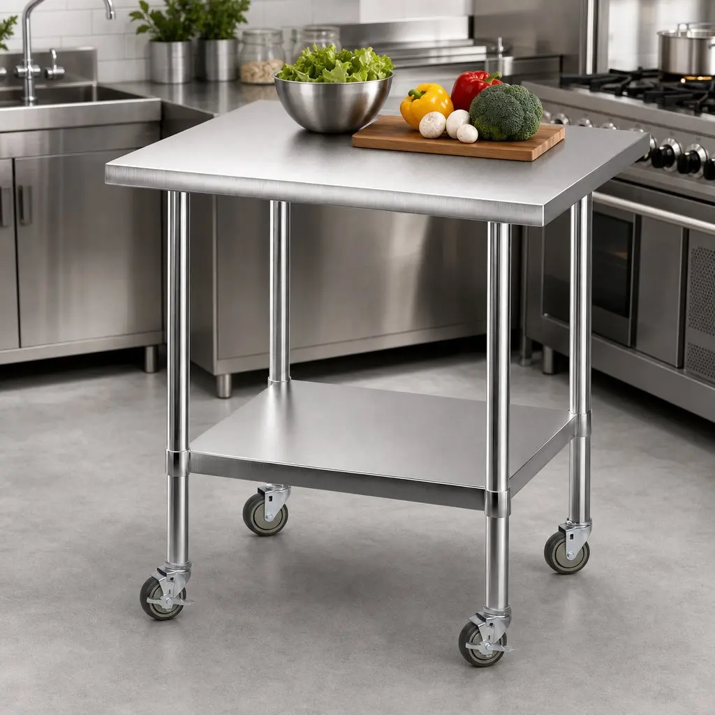 Stainless Steel Kitchen Work Bench Prep Table 914x762mm Castor Wheels