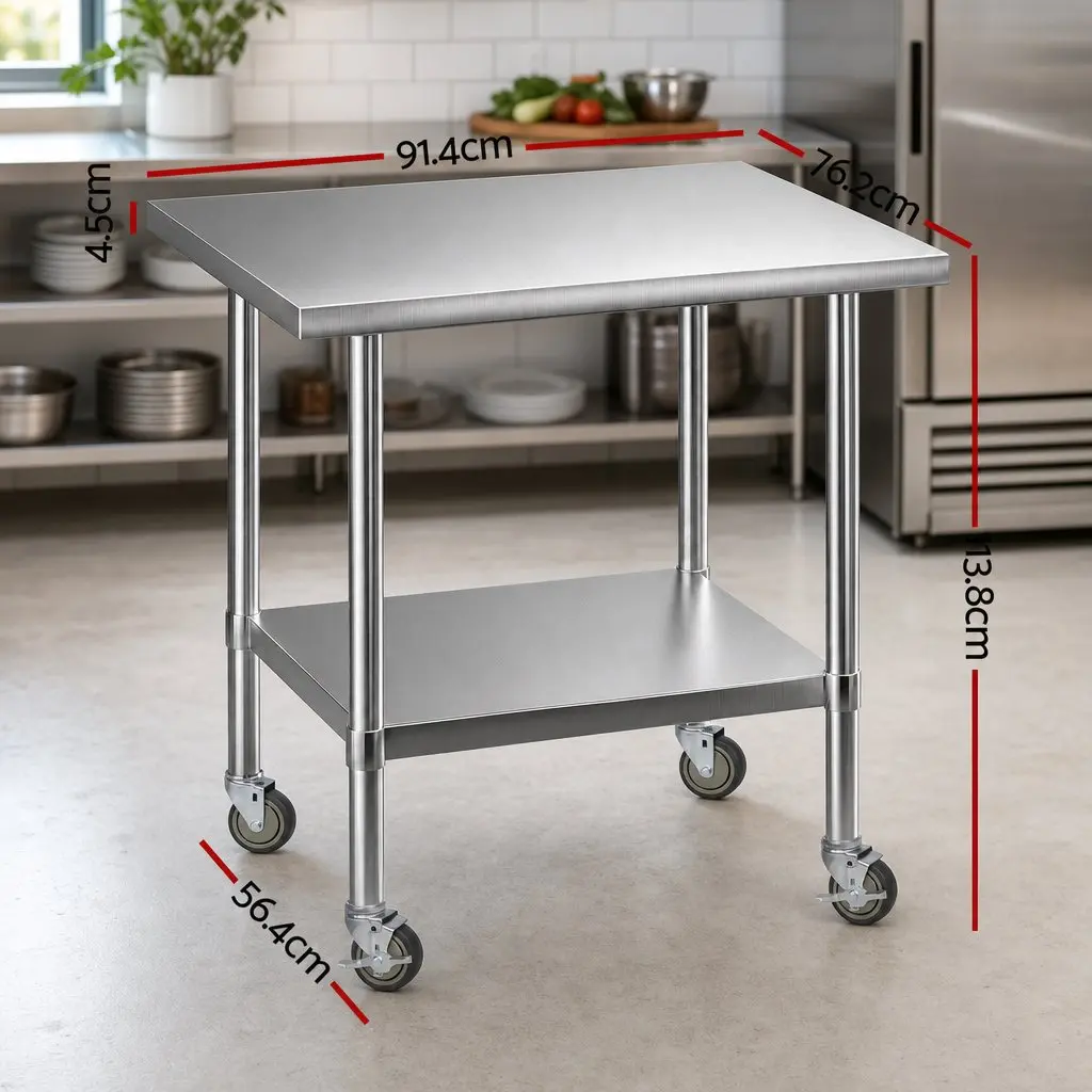 Stainless Steel Kitchen Work Bench Prep Table 914x762mm Castor Wheels