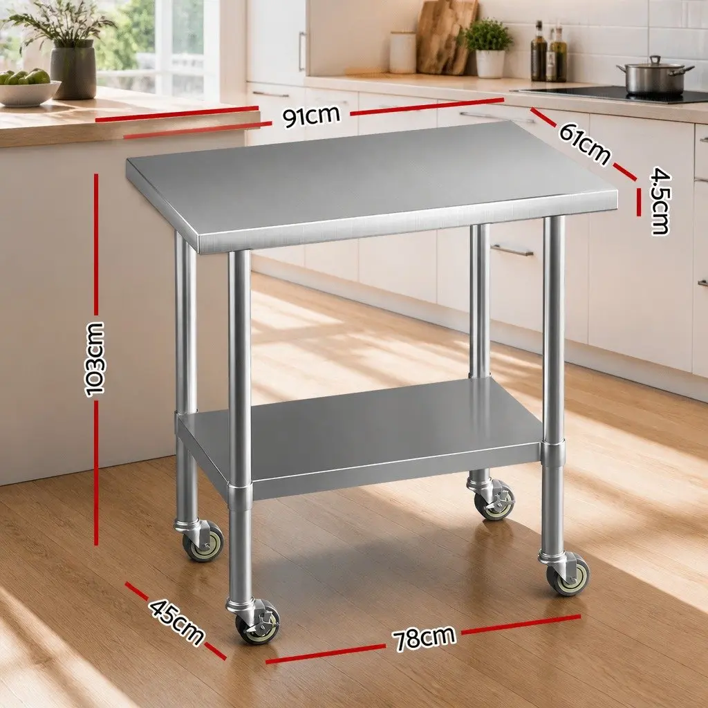 Stainless Steel Kitchen Work Bench with Wheels Adjustable Shelf 91x61cm Silver