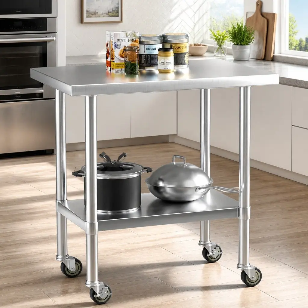 Stainless Steel Kitchen Work Bench with Wheels Adjustable Shelf 91x61cm Silver