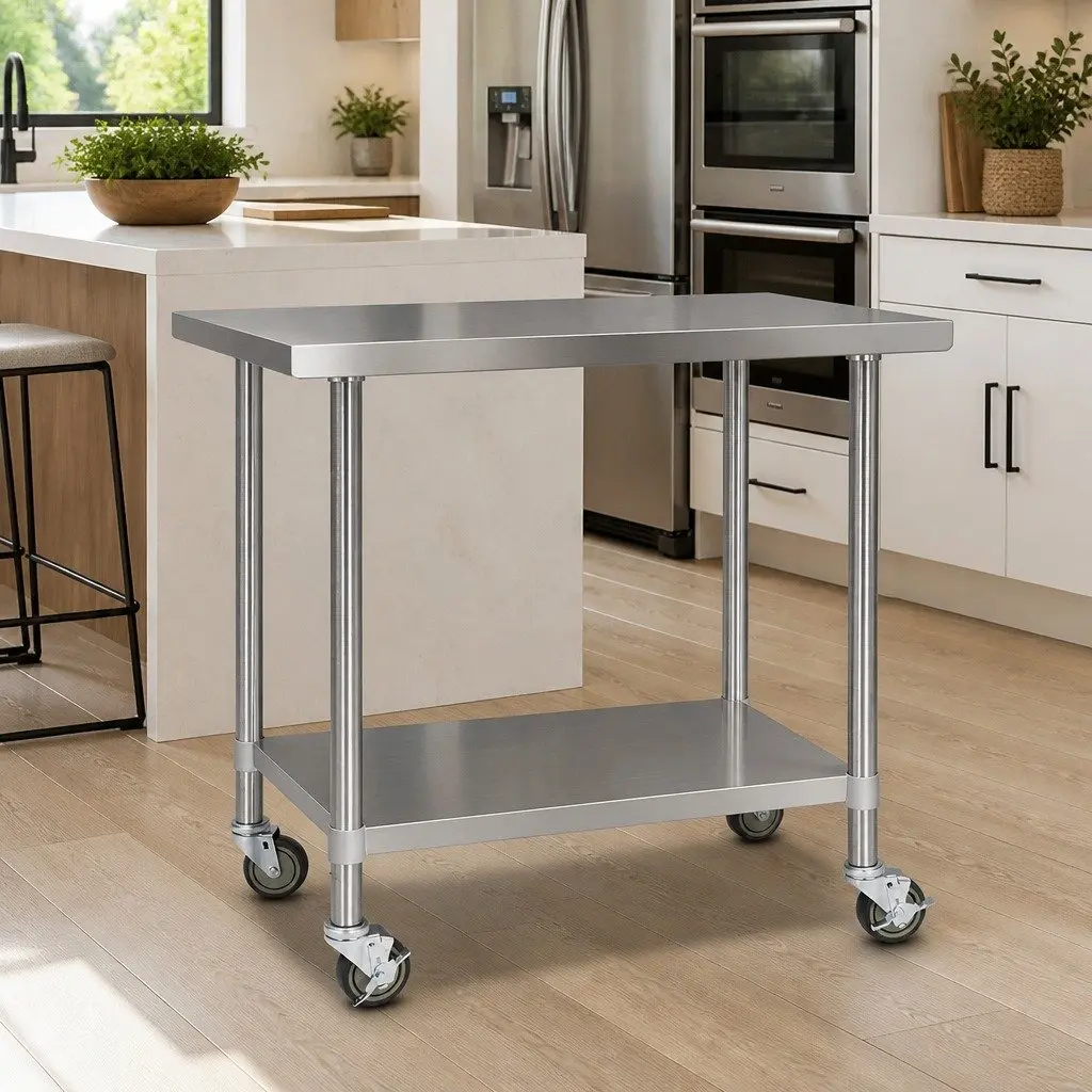 Stainless Steel Kitchen Bench with Lockable Wheels Adjustable Shelf Silver 1219mm x 610mm x 890mm