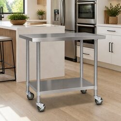 Stainless Steel Kitchen Bench with Lockable Wheels and Shelving