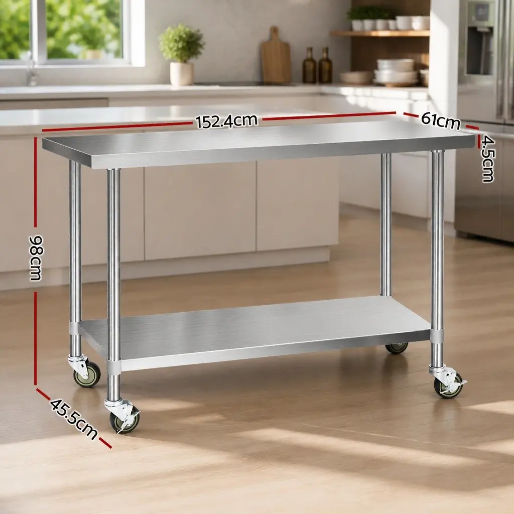 Stainless Steel Kitchen Bench Adjustable Shelf Mobile Work Table Silver
