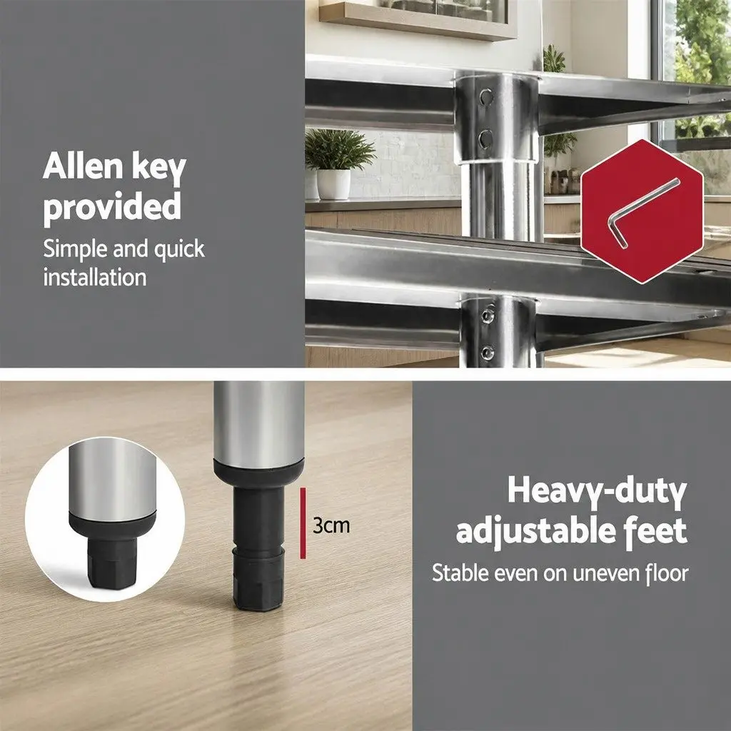 Stainless Steel Kitchen Bench Adjustable Shelf Mobile Work Table Silver