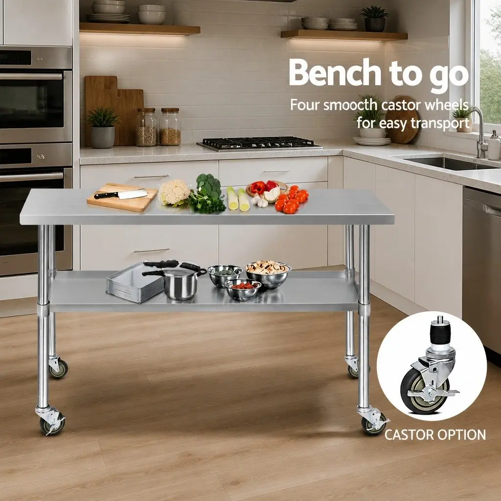 Stainless Steel Kitchen Bench Adjustable Shelf Mobile Work Table Silver