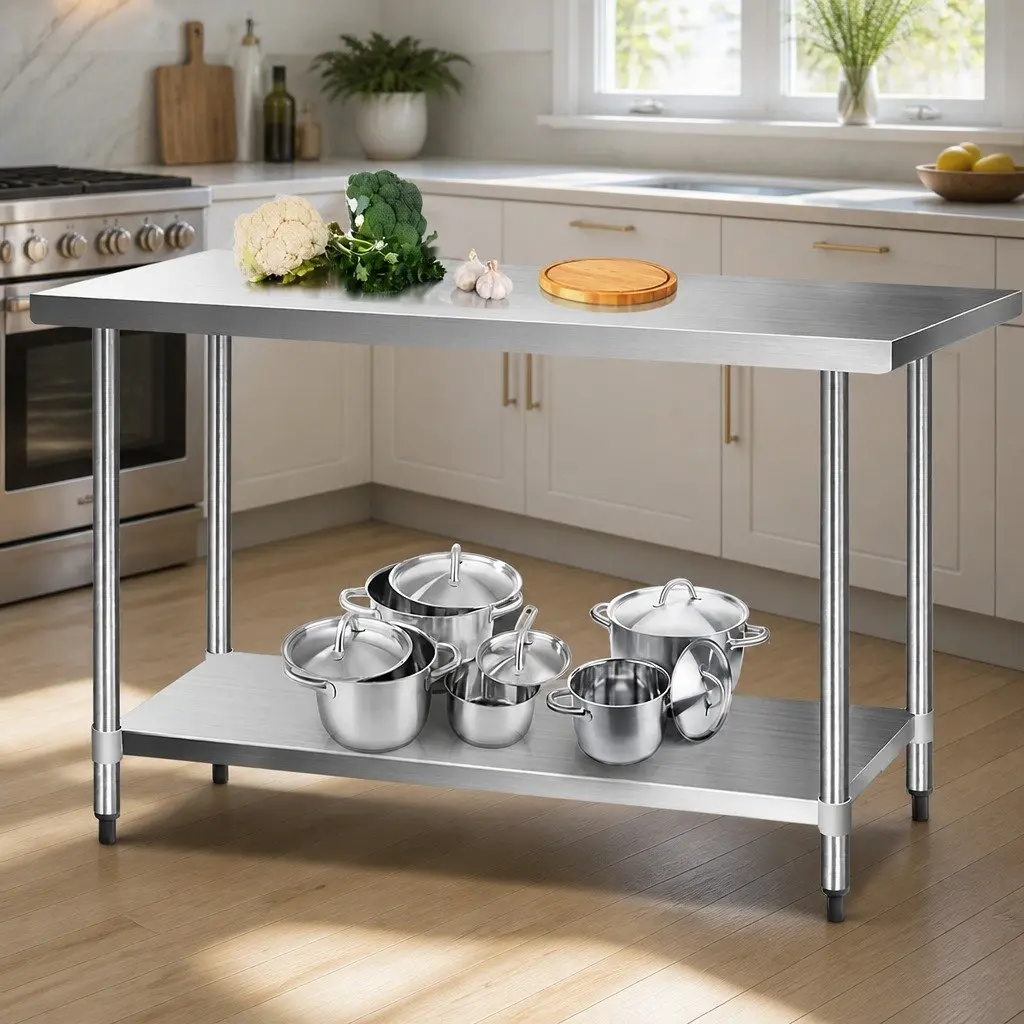 Stainless Steel Kitchen Bench Adjustable Shelf Mobile Work Table Silver