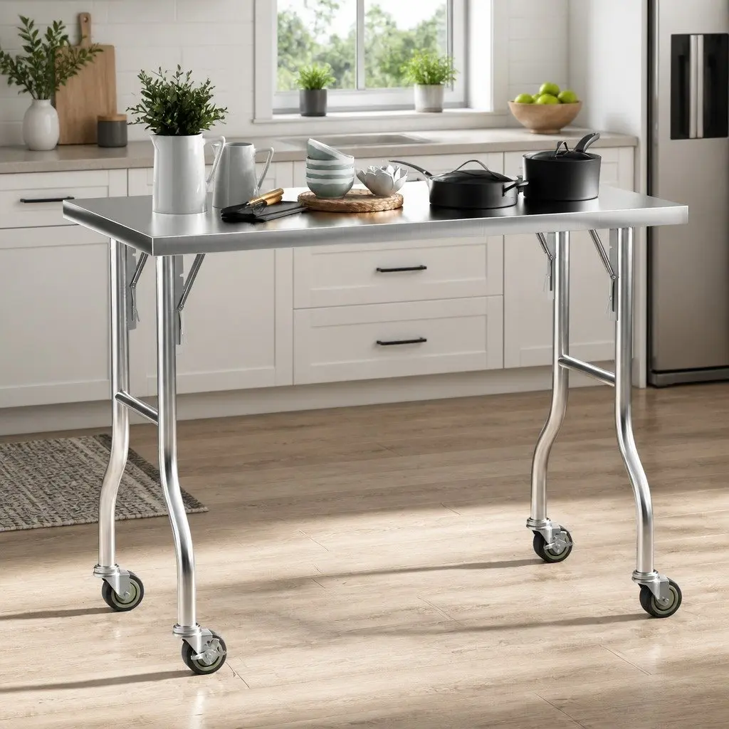 Stainless Steel Kitchen Work Bench Foldable Legs 122x61cm Silver or Black
