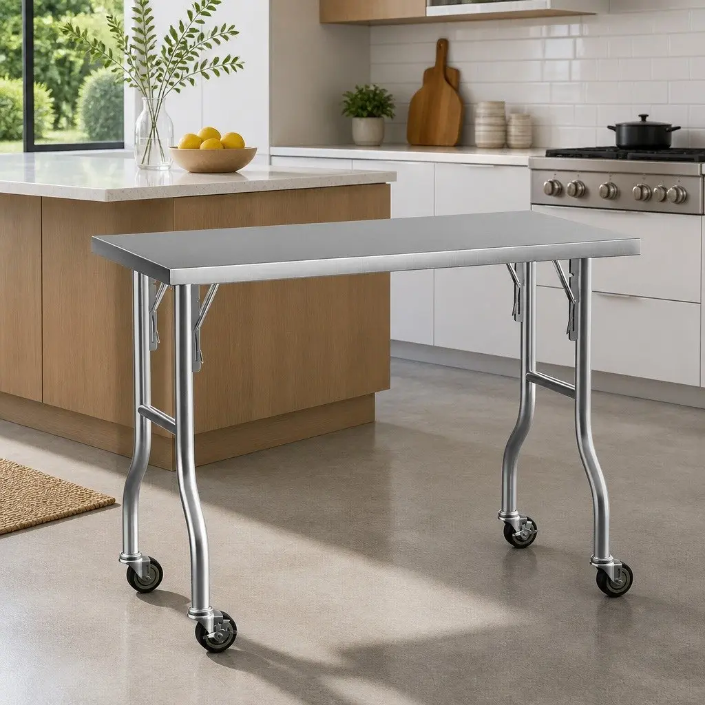 Stainless Steel Kitchen Work Bench Foldable Legs 122x61cm Silver or Black