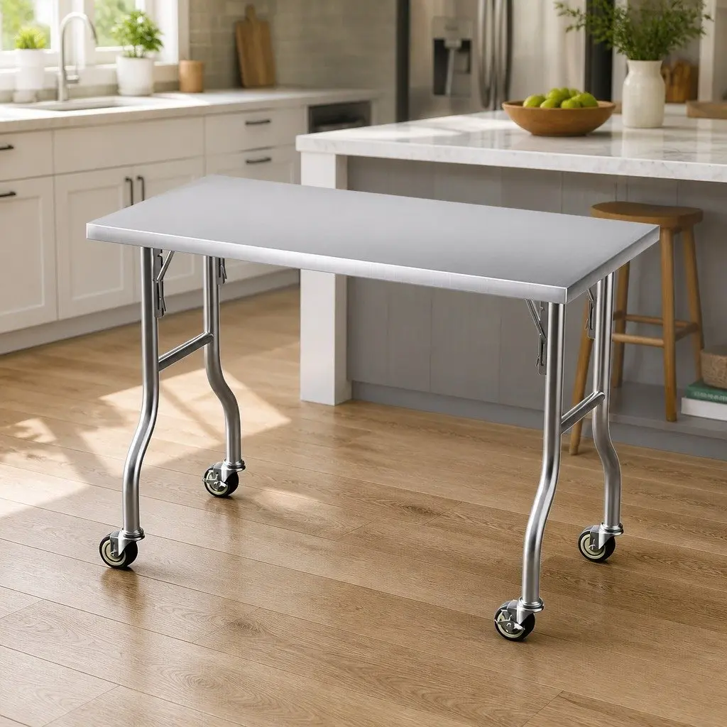 Stainless Steel Kitchen Work Bench Foldable Legs 122x61cm Silver or Black
