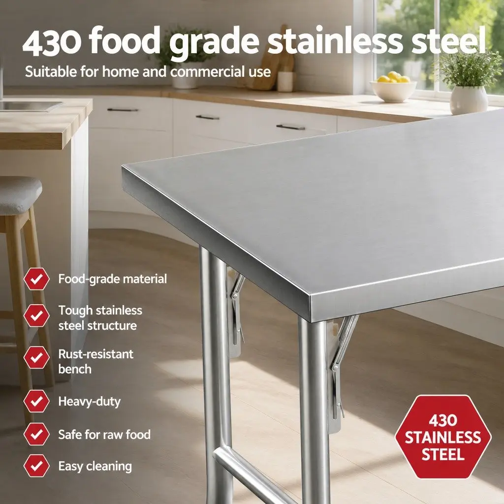 Stainless Steel Kitchen Work Bench Foldable Legs 122x61cm Silver or Black