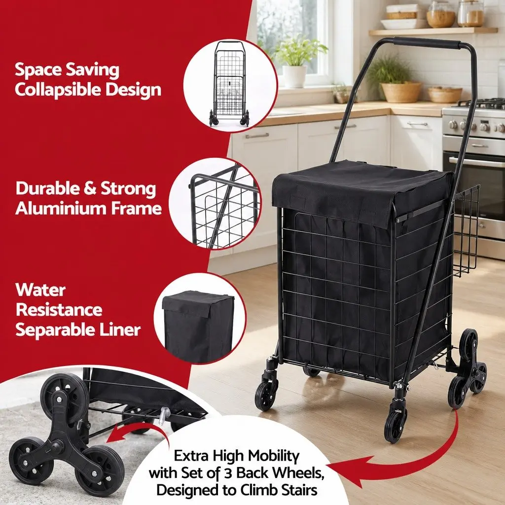 Folding Shopping Trolley Cart Lightweight Compact Black