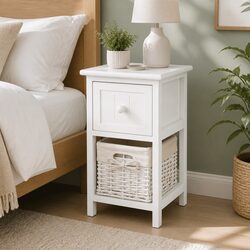 White Bedside Table with Wicker Basket Storage x2