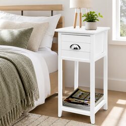 White Vintage Design Bedside Table with Drawer