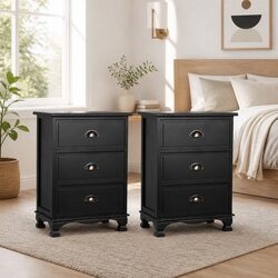 3-Drawer Black Nightstand with Metal Handles