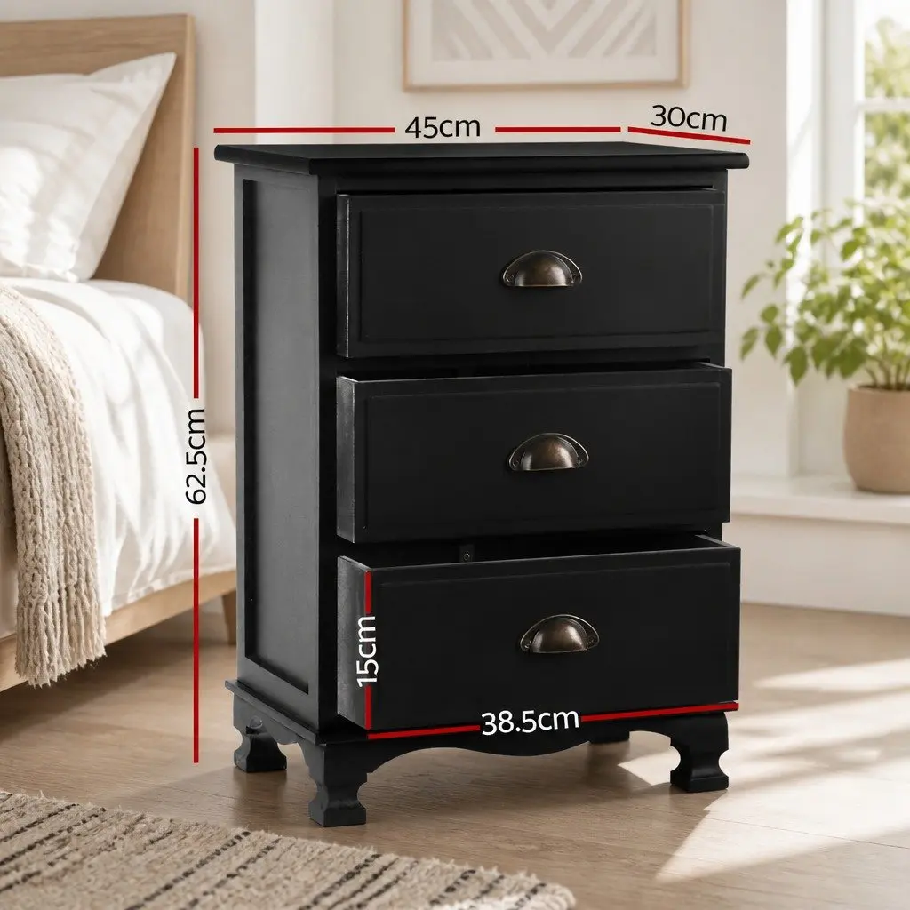 Bedside Table Vintage 3 Drawers Black Storage Cabinet Nightstand