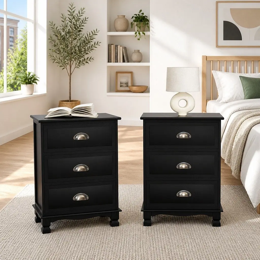 Bedside Table Vintage 3 Drawers Black Storage Cabinet Nightstand