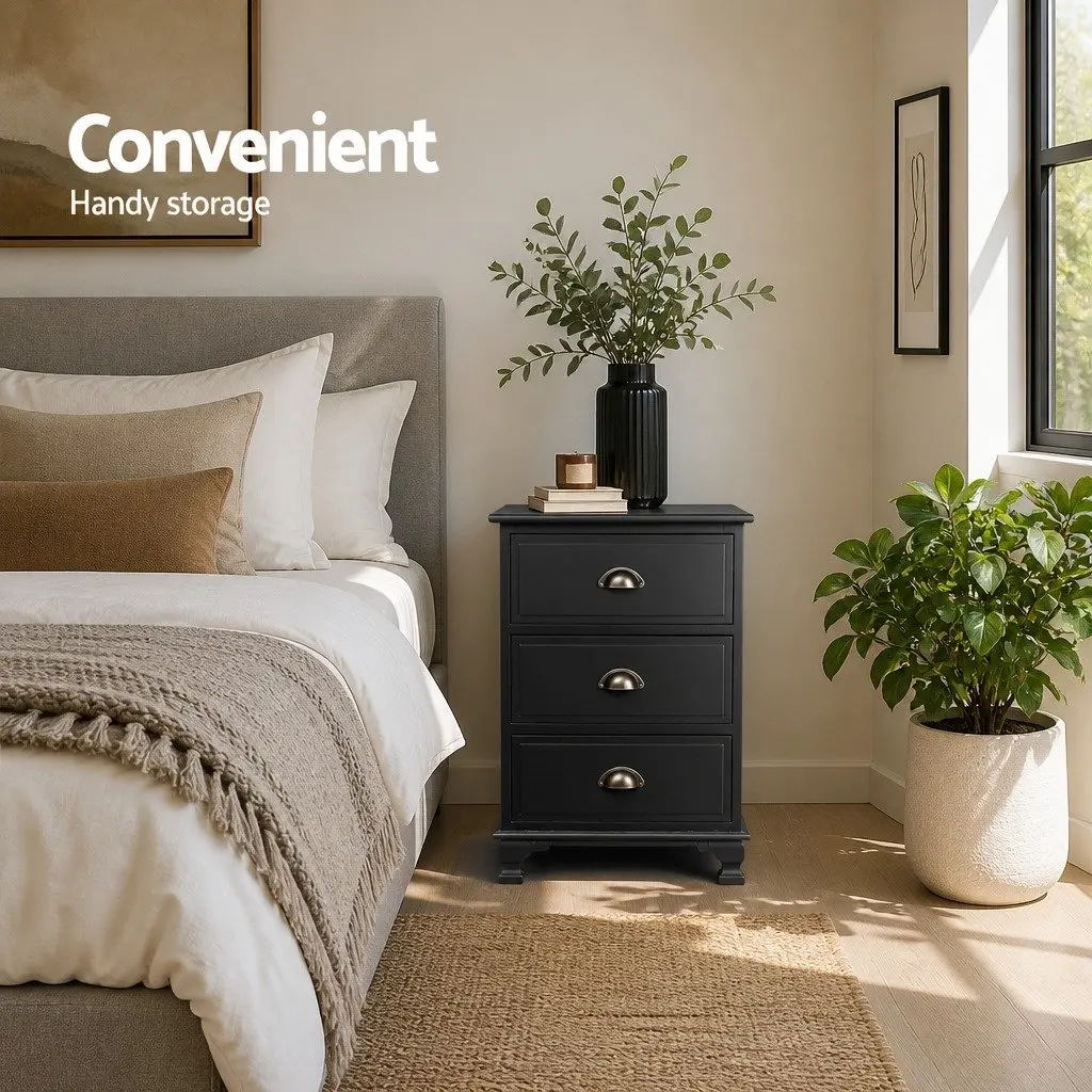 Black Bedside Table 3 Drawers Vintage Storage Cabinet Bedroom