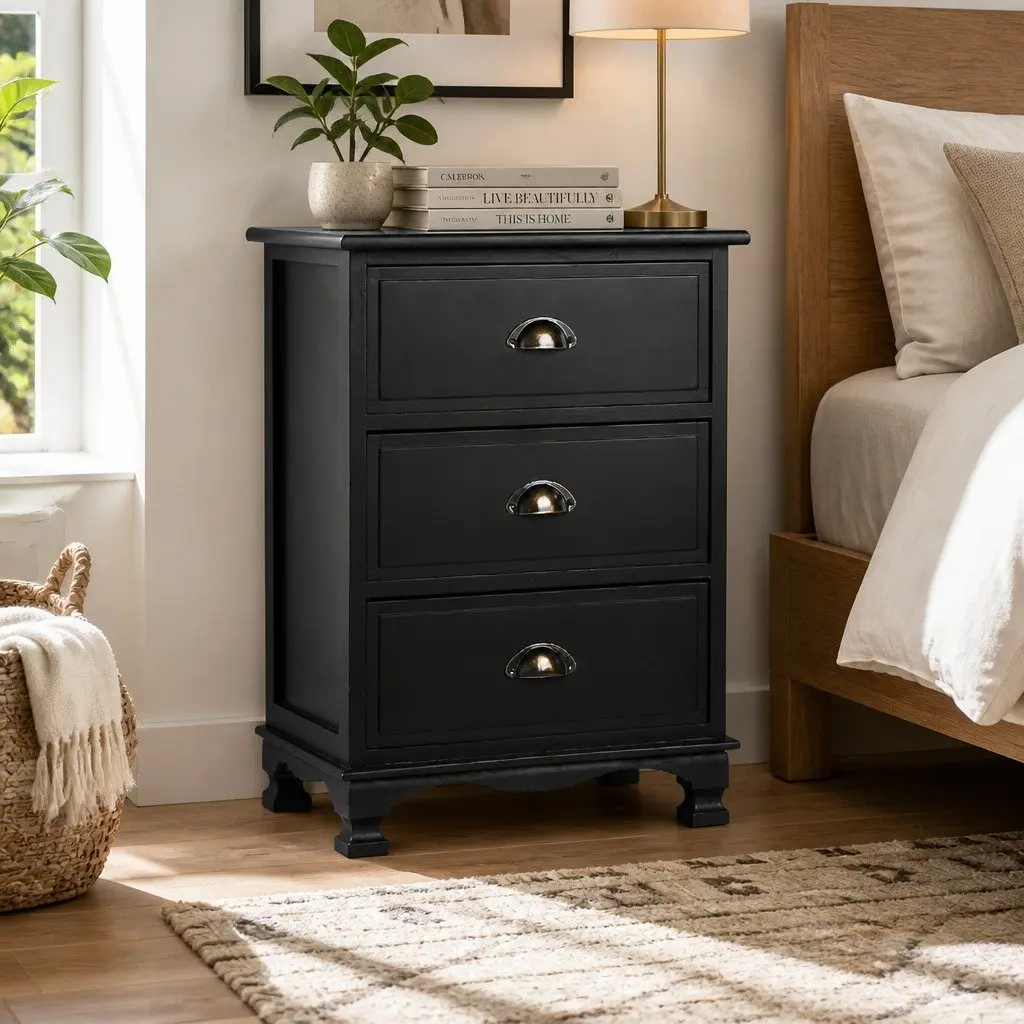 Black Bedside Table 3 Drawers Vintage Storage Cabinet Bedroom