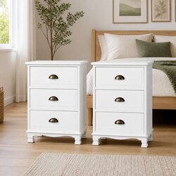 Modern White Nightstand with Three Drawers and Metal Accents