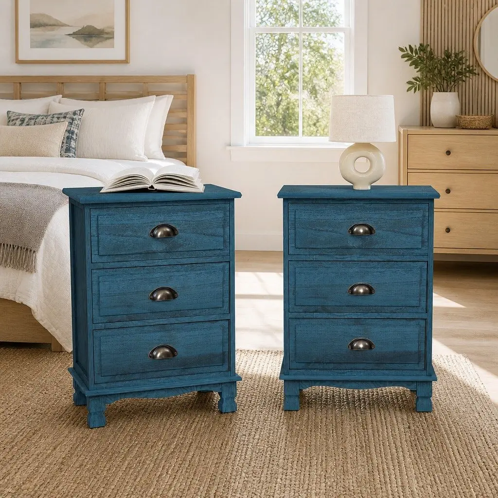 Vintage Nightstand Blue 3 Drawer Storage Cabinet with Metal Handles Fully Assembled