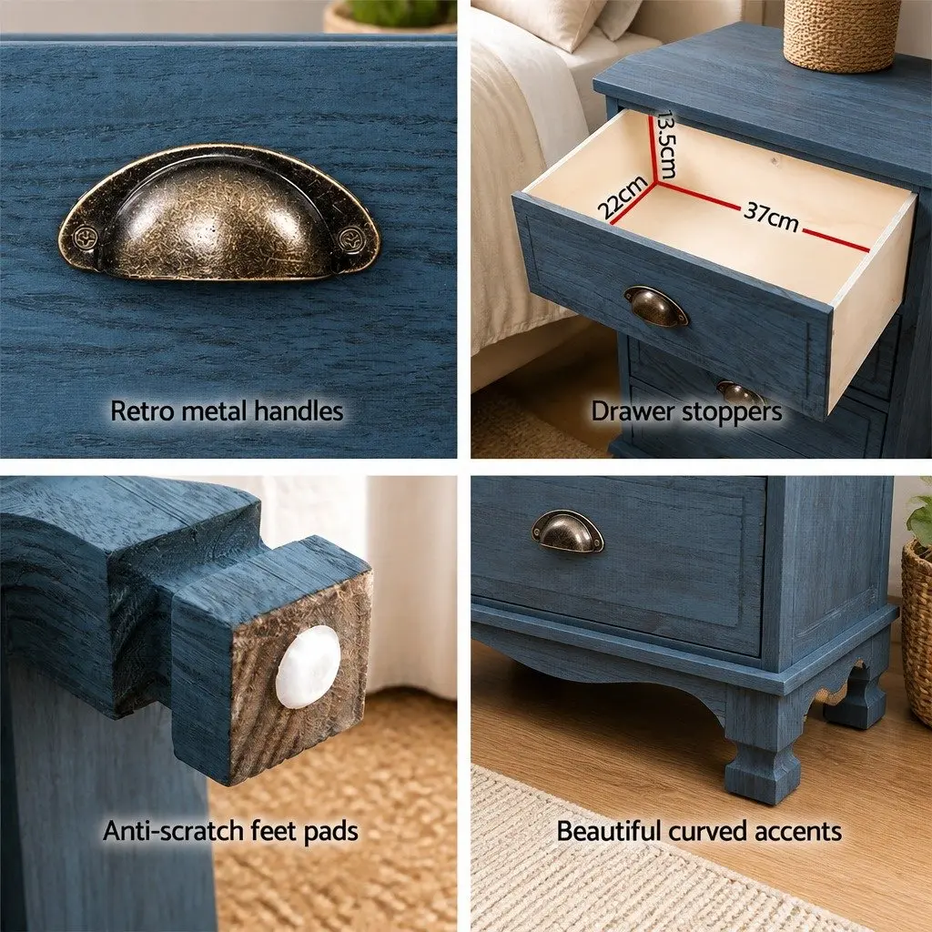 Bedside Table Vintage Style 3 Drawer Wooden Storage Cabinet Blue