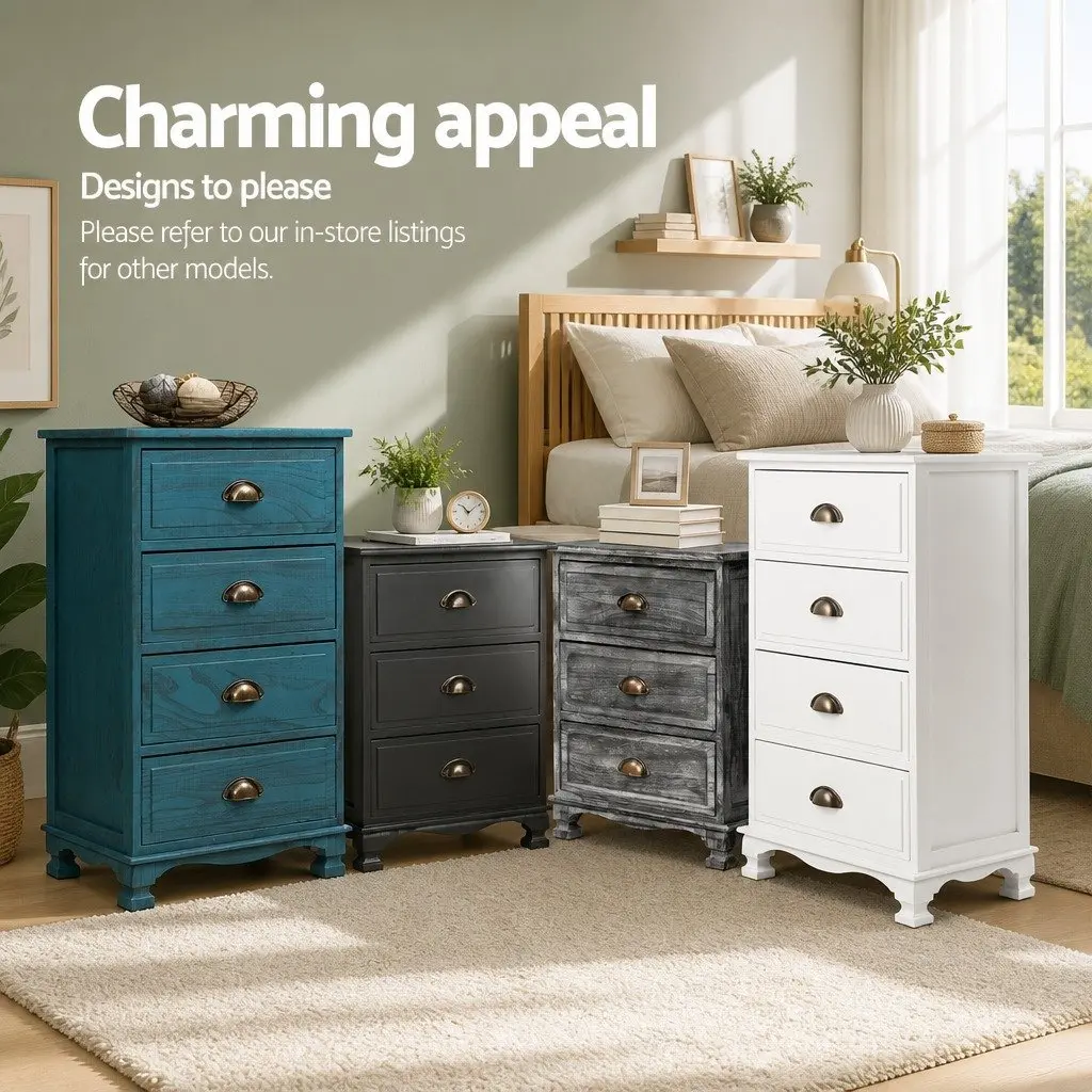 Bedside Table Vintage Style 3 Drawer Wooden Storage Cabinet Blue