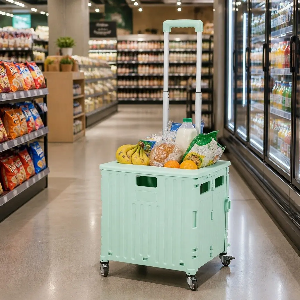 Collapsible Grocery Cart Lightweight Portable Green 42cm x 36cm x 45cm