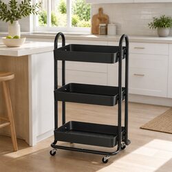 Black Steel 3 Tier Kitchen Cart with Rolling Wheels
