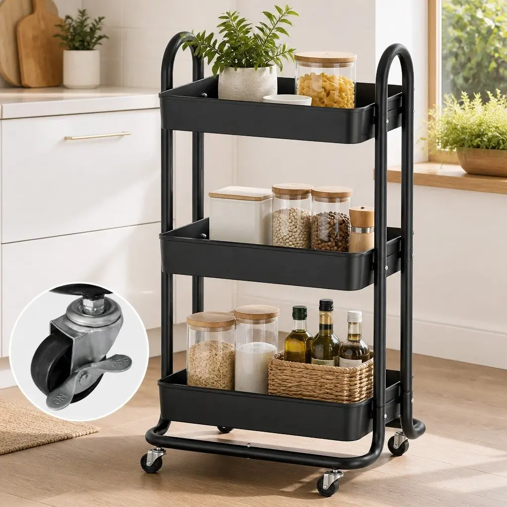 Storage Trolley 3 Tier Kitchen Cart Rack Shelf Organiser with Wheels Black