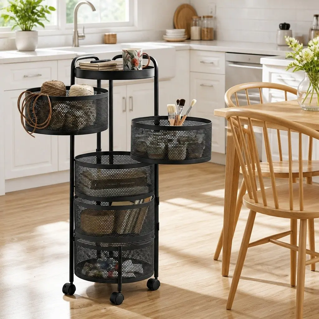 5-Tier Storage Trolley Kitchen Cart Rolling Utility Rack with Baskets Black