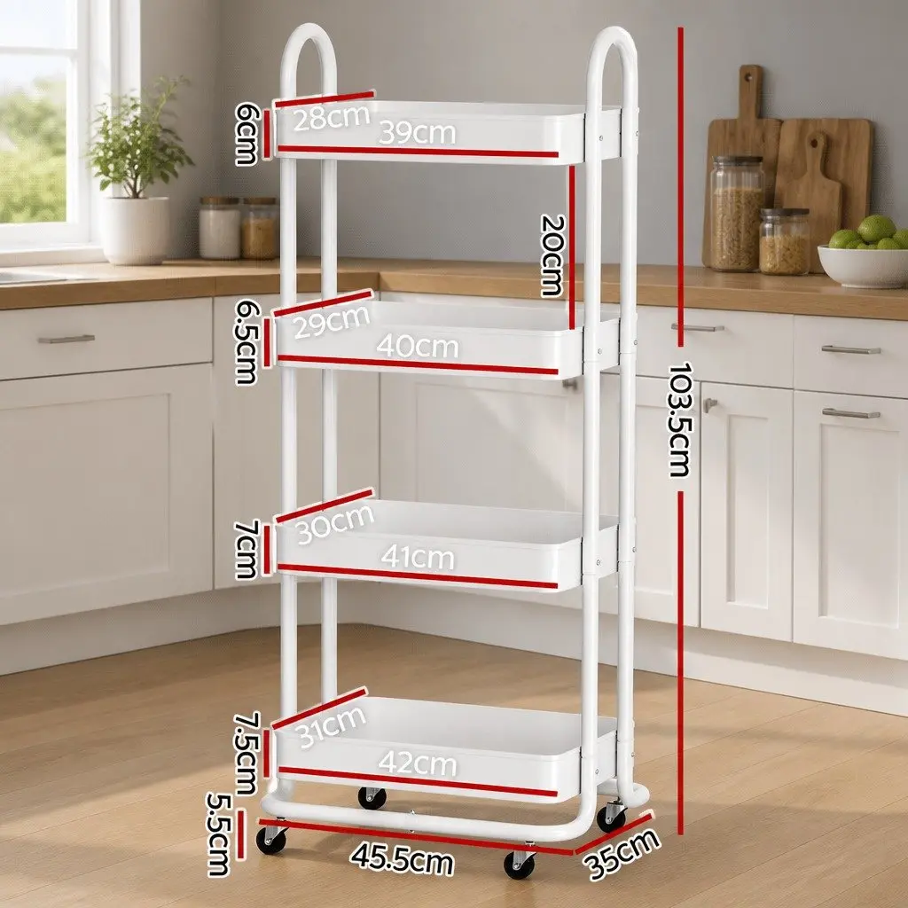 Storage Trolley Portable 4 Tier White Rolling Wheels