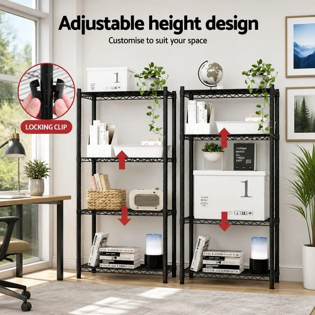 4-Tier Steel Storage Shelving Unit Adjustable Height Black