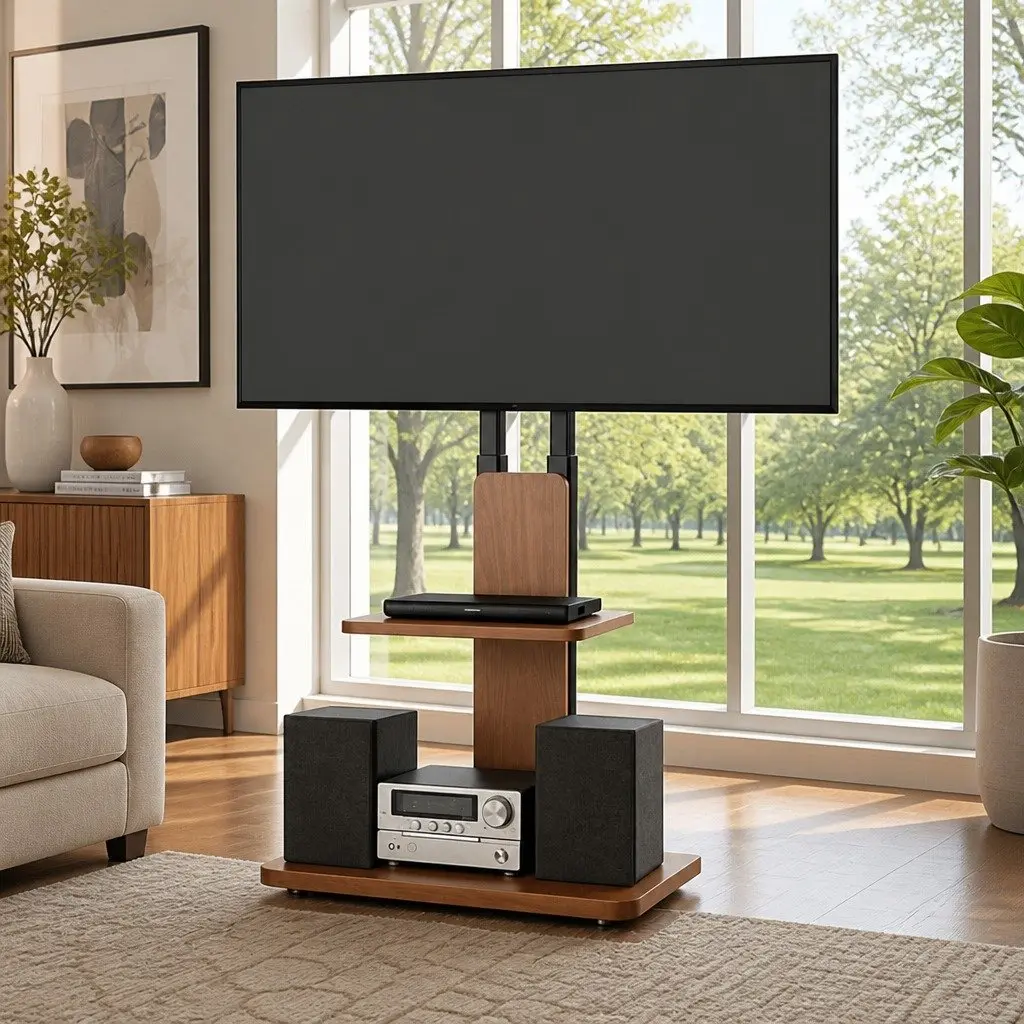 TV Stand Swivel Height Adjustable 32-70 Inch Wooden Base Black Walnut