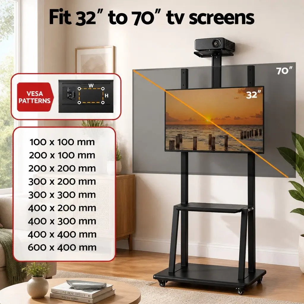 TV Stand Adjustable Height Black Steel Frame for 32-70 inch TVs
