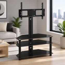 TV Floor Stand Mount with 3-Tier Tempered Glass Shelves
