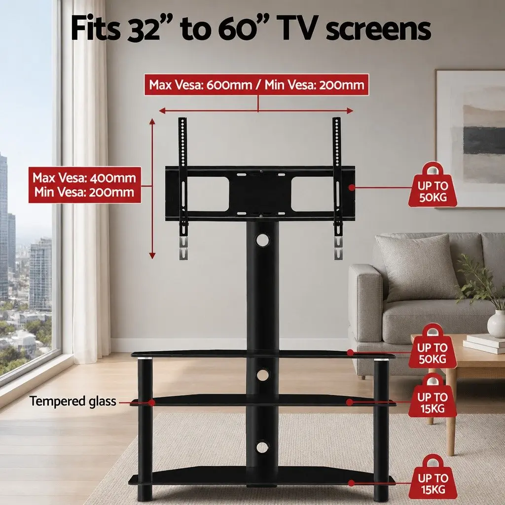 TV Floor Stand Mount with 3-Tier Tempered Glass Shelves