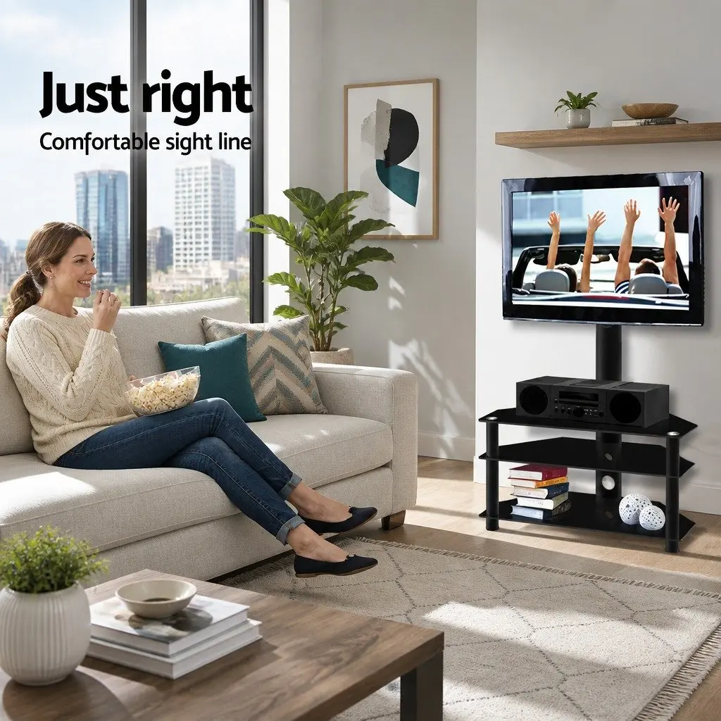 TV Floor Stand Mount with 3-Tier Tempered Glass Shelves
