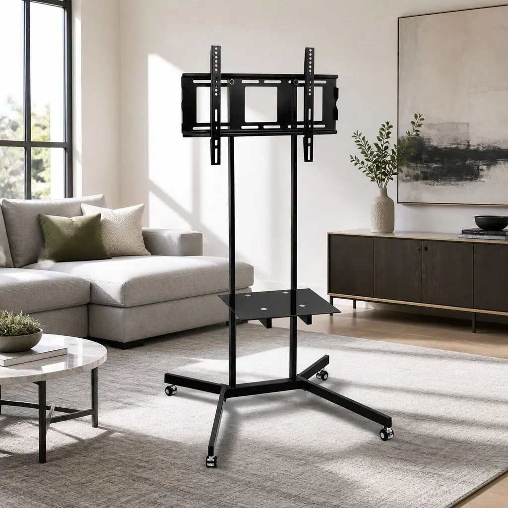 Mobile TV Stand Adjustable Height Black for 32 to 65 Inch TVs with Tempered Glass Shelf and Rotating Castor Wheels