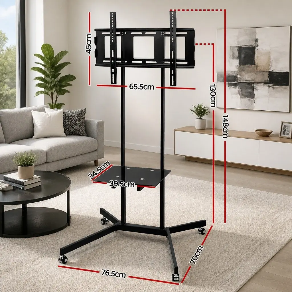Mobile TV Stand Adjustable Height Black for 32 to 65 Inch TVs with Tempered Glass Shelf and Rotating Castor Wheels
