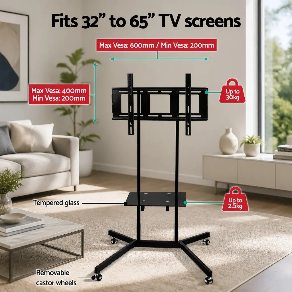 Mobile TV Stand Adjustable Height Black for 32 to 65 Inch TVs with Tempered Glass Shelf and Rotating Castor Wheels