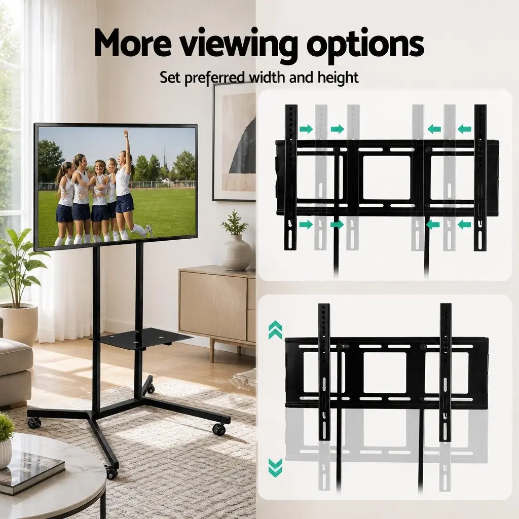 Mobile TV Stand Adjustable Height Black for 32 to 65 Inch TVs with Tempered Glass Shelf and Rotating Castor Wheels