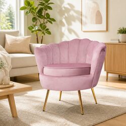 Shell Back Design Pink Velvet Armchair with Metal Legs