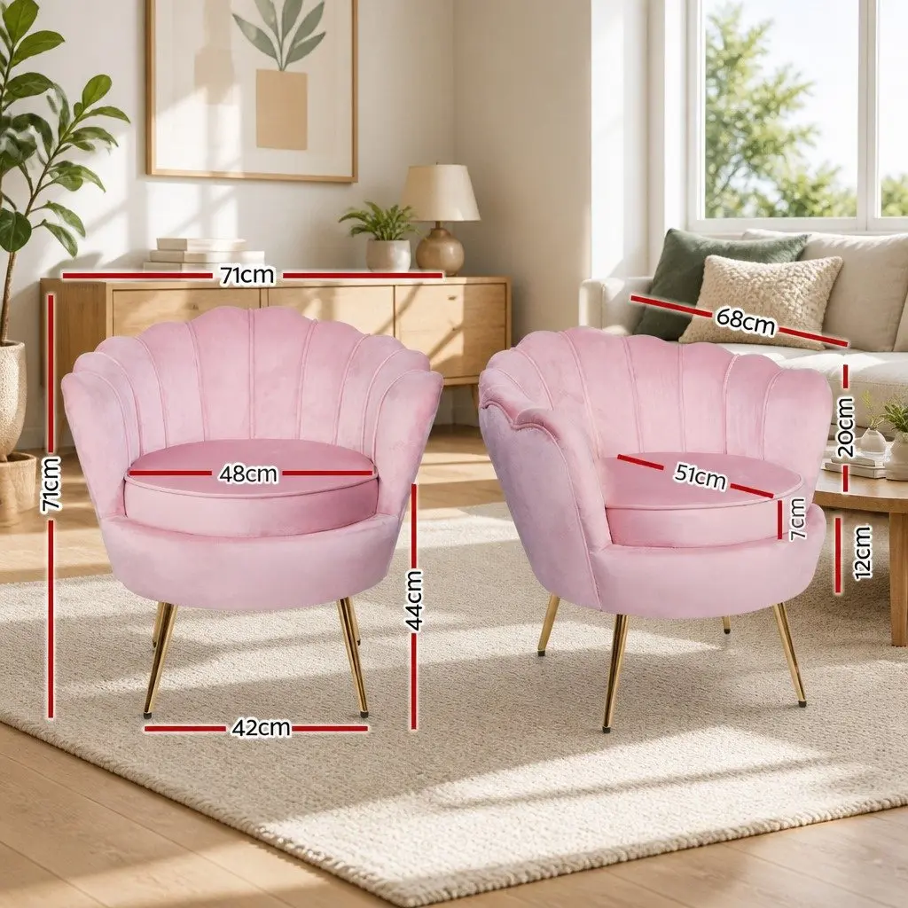 Pink Velvet Armchair Shell Back Design Accent Chair with Golden Metal Legs