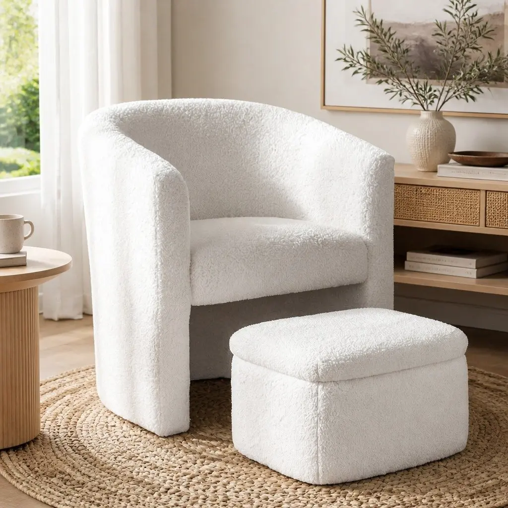 Armchair Accent Chair with Storage Ottoman Soft Upholstered White