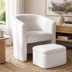 Accent Chair and Storage Ottoman in White Boucle