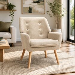 Full Size Beige Upholstered Armchair with Foam Padding